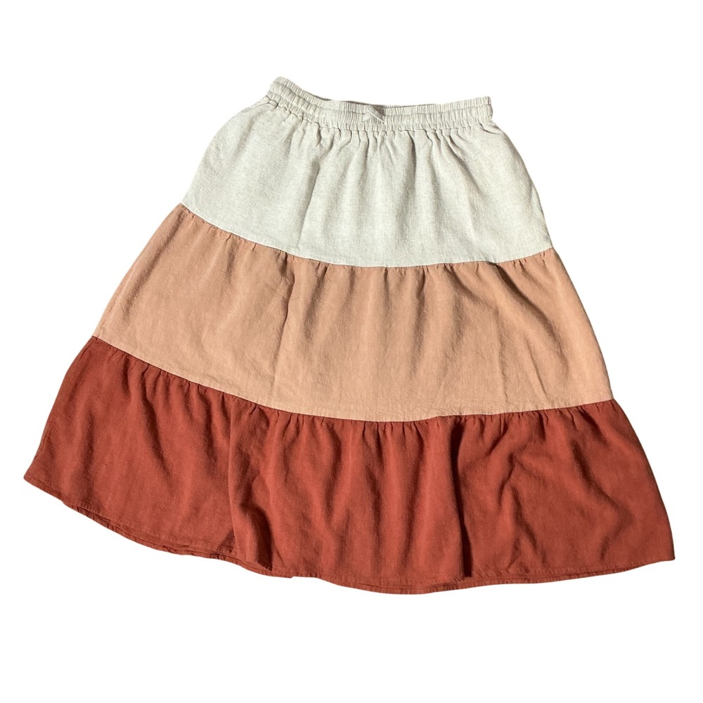 Ninexis Boho Colorblock Tiered Midi Skirt Womens M Coastal Linen Blend GS1828